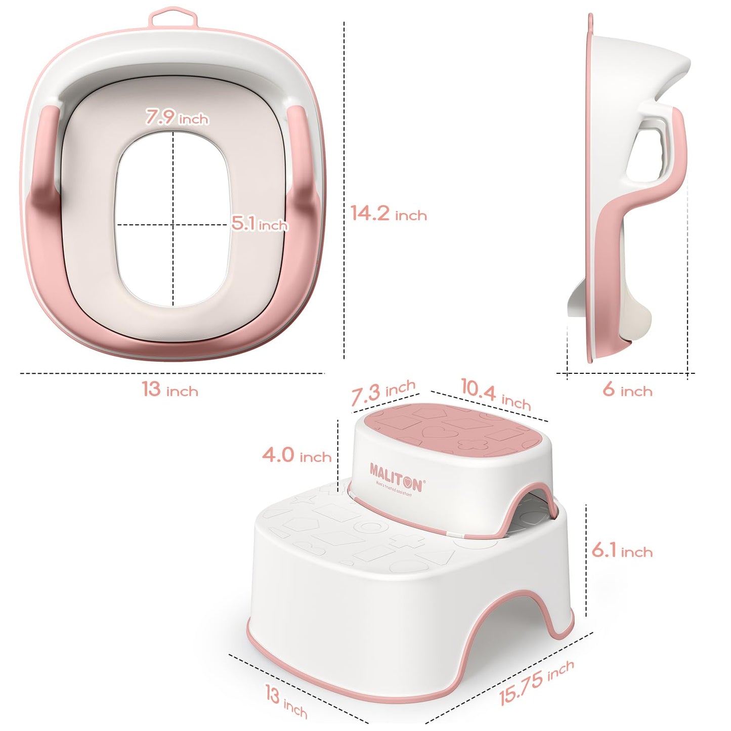 Potty Training Seat with Step Stools, Maliton Potty Training Toilet for Toddlers Girls with Splash Guard, Anti-Slip Toddler Stool for Bathroom, One Potty Seat and 2 in 1 Step Stool for Kids (Pink)