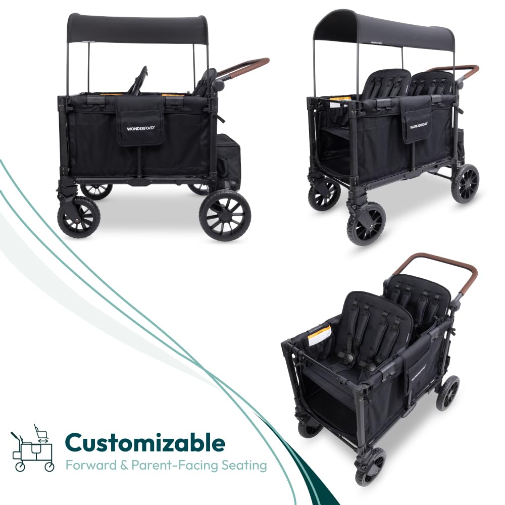 WONDERFOLD W4 Luxe Quad Stroller Wagon Featuring 4 High Face-to-Face Seats with Magnetic Buckle 5-Point Harnesses and Adjustable/Removable UV-Protection Canopy, Hunter Green