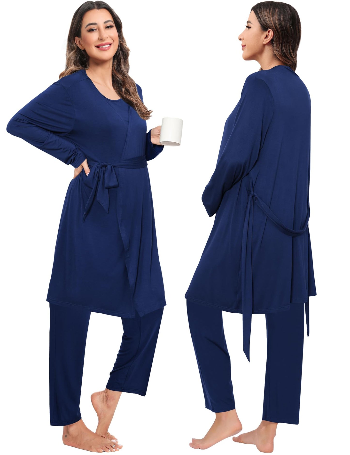 SWOMOG Maternity Nursing Robe Set 3 PCS Postpartum Breastfeeding Pajamas Hospital Pregnancy Pjs Double Layer Lounge Set
