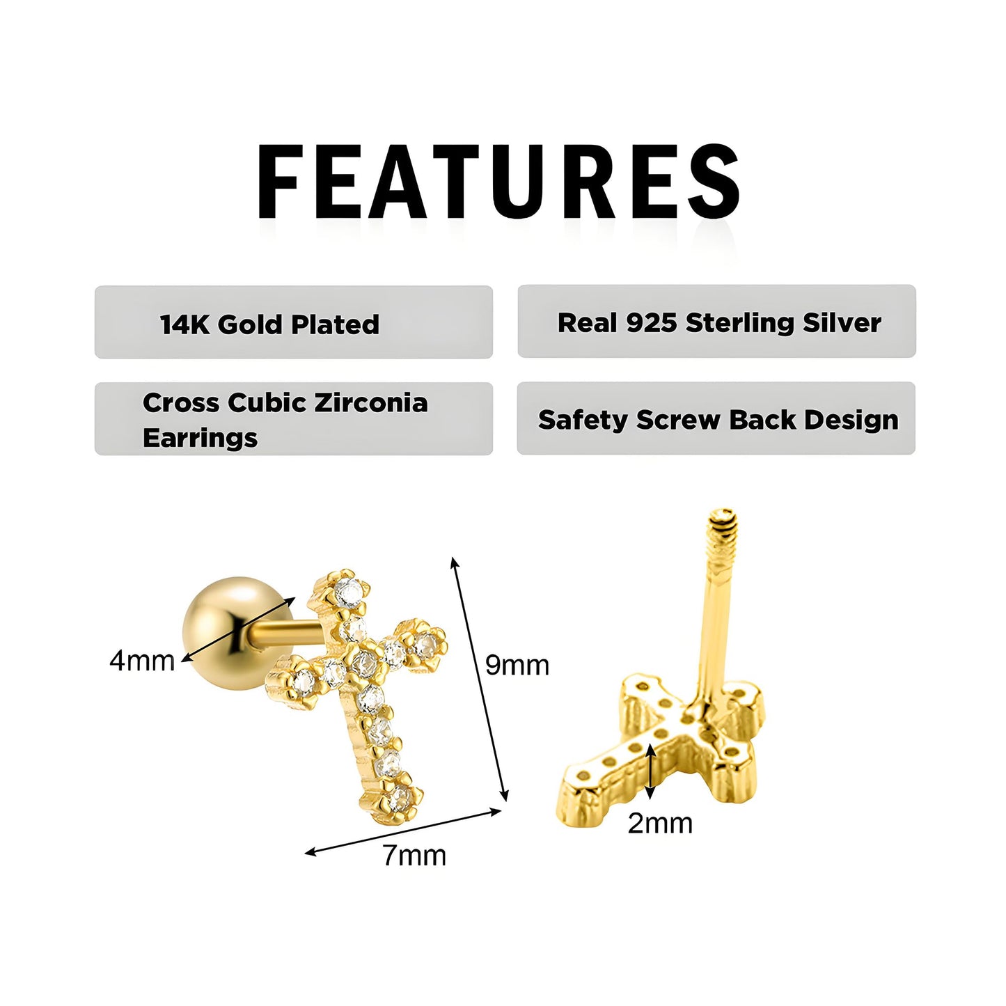 Gold Cross Earrings 14K Real Gold Filled Plated Trendy Dainty Cute Cubic Zirconia Screw Back Nickel Free Small Stud Earrings for Women Men