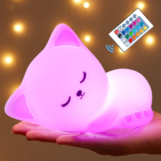 Mubarek Night Light for Kids, 16 Colors Dimmable Kids Night Light lamp, Remote Silicone Night Light for Baby Nursery, Rechargeable Cute Lamp Cat Lamp,Timer Toddler Night Light,Nightlight for Kids Room