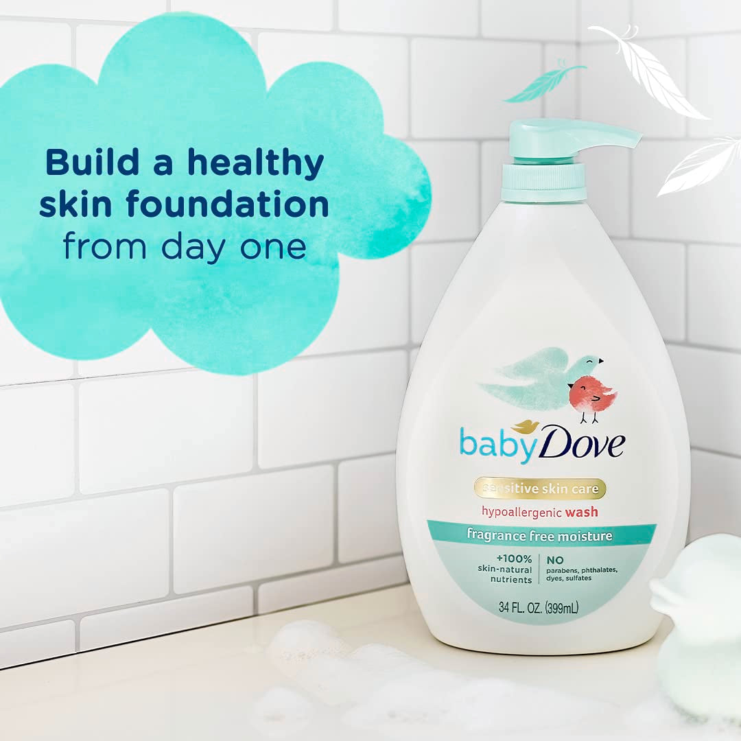 Baby Dove Sensitive Skin Care Baby Wash Fragrance Free Moisture For Baby Bath Time Fragrance Free and Hypoallergenic, Washes Away Bacteria 34 oz (Pack of 1)