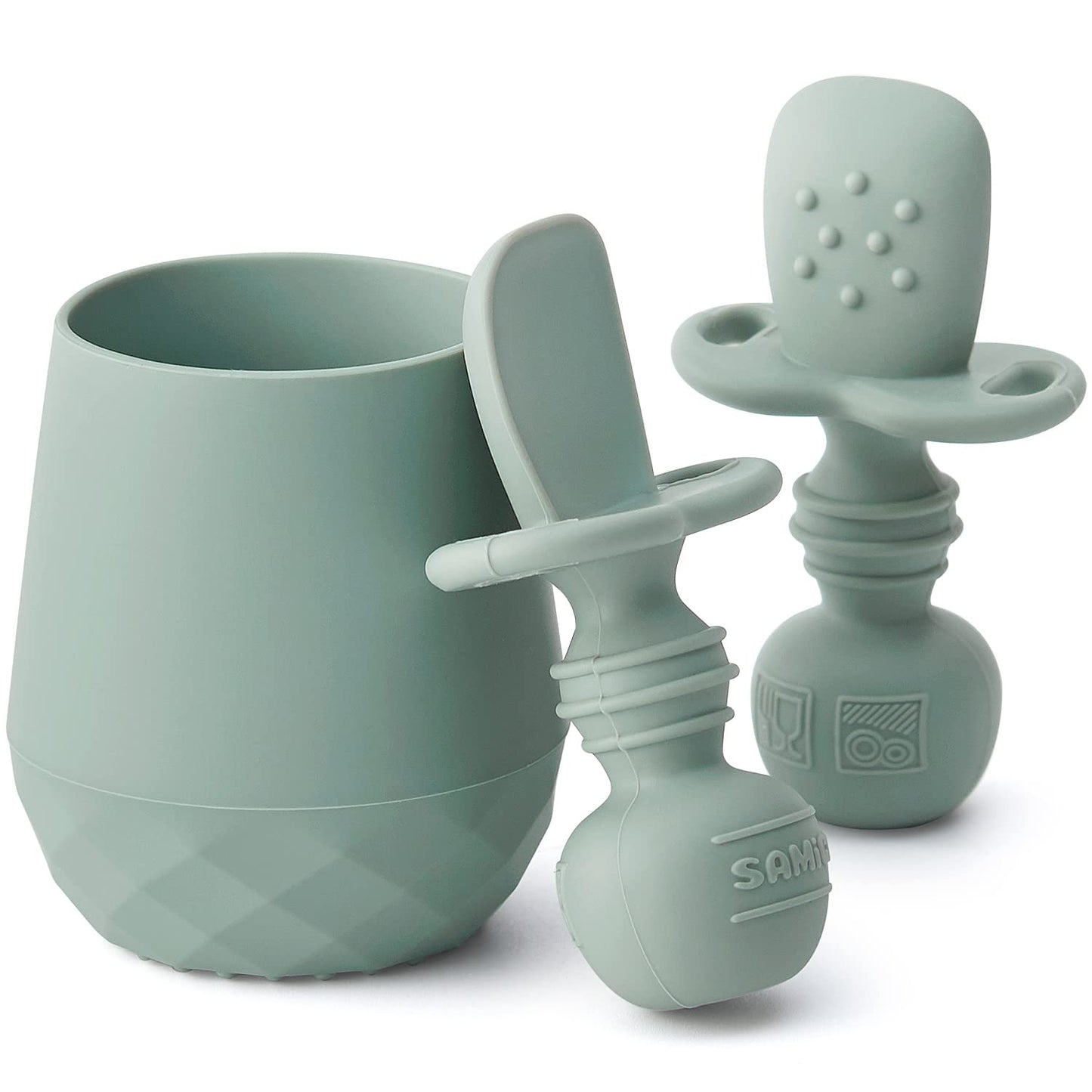SAMiGO Silicone Baby Utensils - Self Feeding Spoons and Tiny Training Cup - First Stage Baby Led Weaning Supplies for 6 Months+ Infants - Set of 3