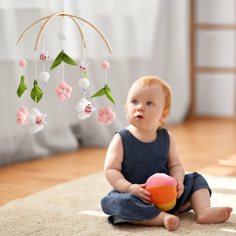 Baby Crib Mobile Wooden Wind Chime Bed Bell, Nursery Mobile Crib Rattle Bedroom Ceiling Wind Chime Hanging Bees Plush Flower Wooden Rotating Toy Newborn Bed Decor (Pink)