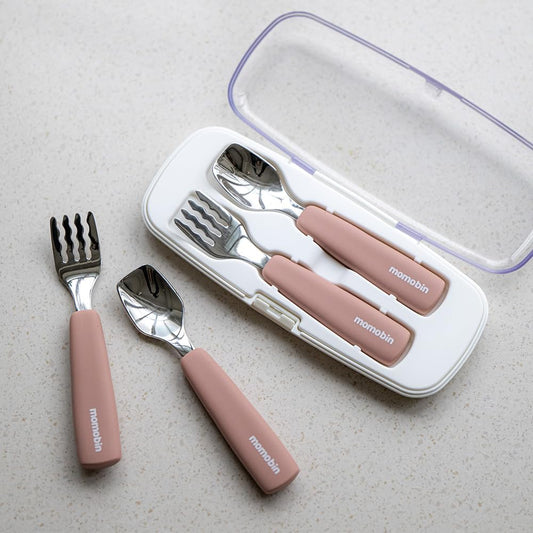 MOMOBIN Toddler Utensils - Stainless Steel Fork & Spoon Set, Made in Korea, 100% Silicone Easy-Grip Handles with Storage Case, Dishwasher Safe for Kids, Baby, School Lunch, Travel & Outdoors