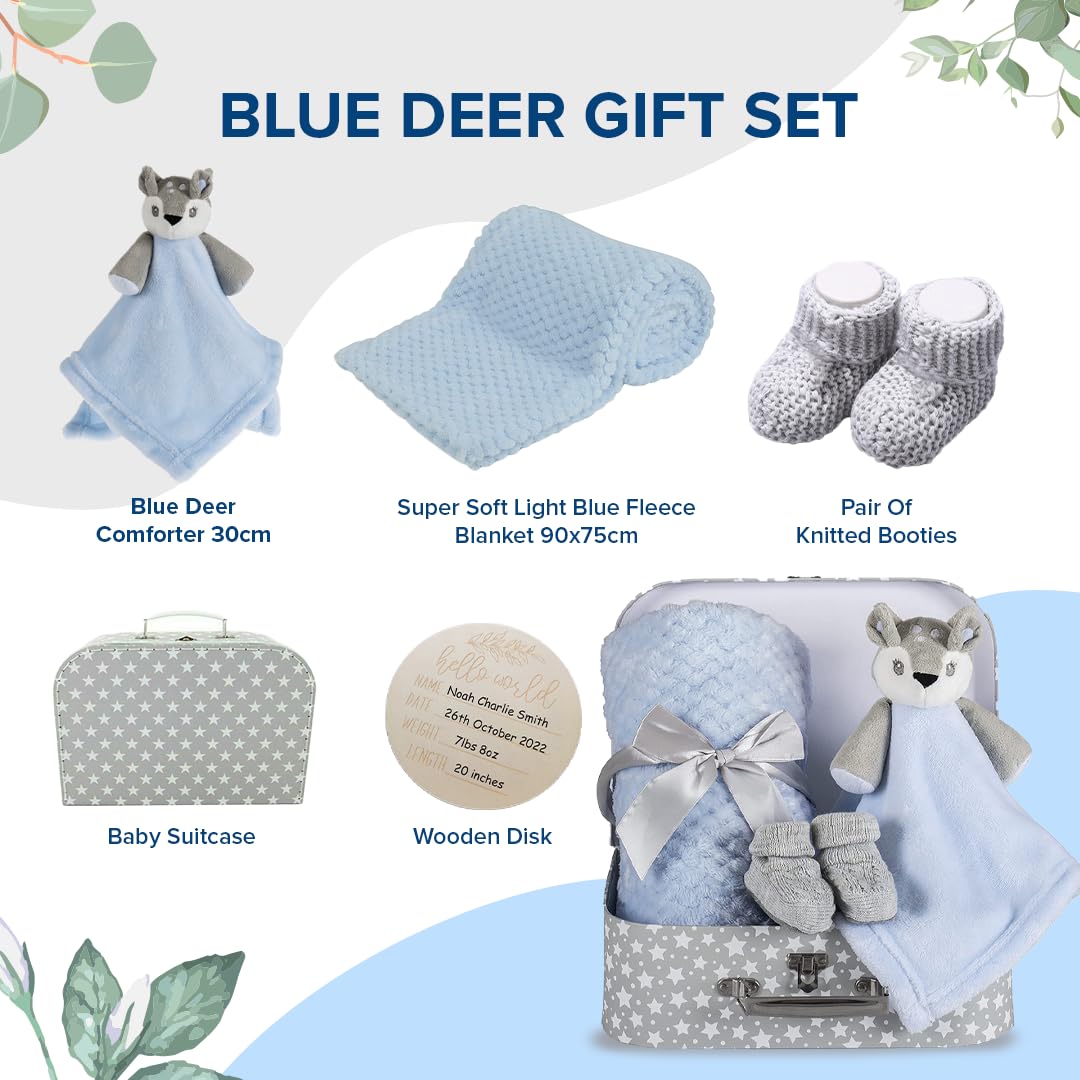 Baby Blue Bunny Security Blanket & Keepsake Box - Soft Fleece, Booties & Gift Basket - Unique Newborn Present