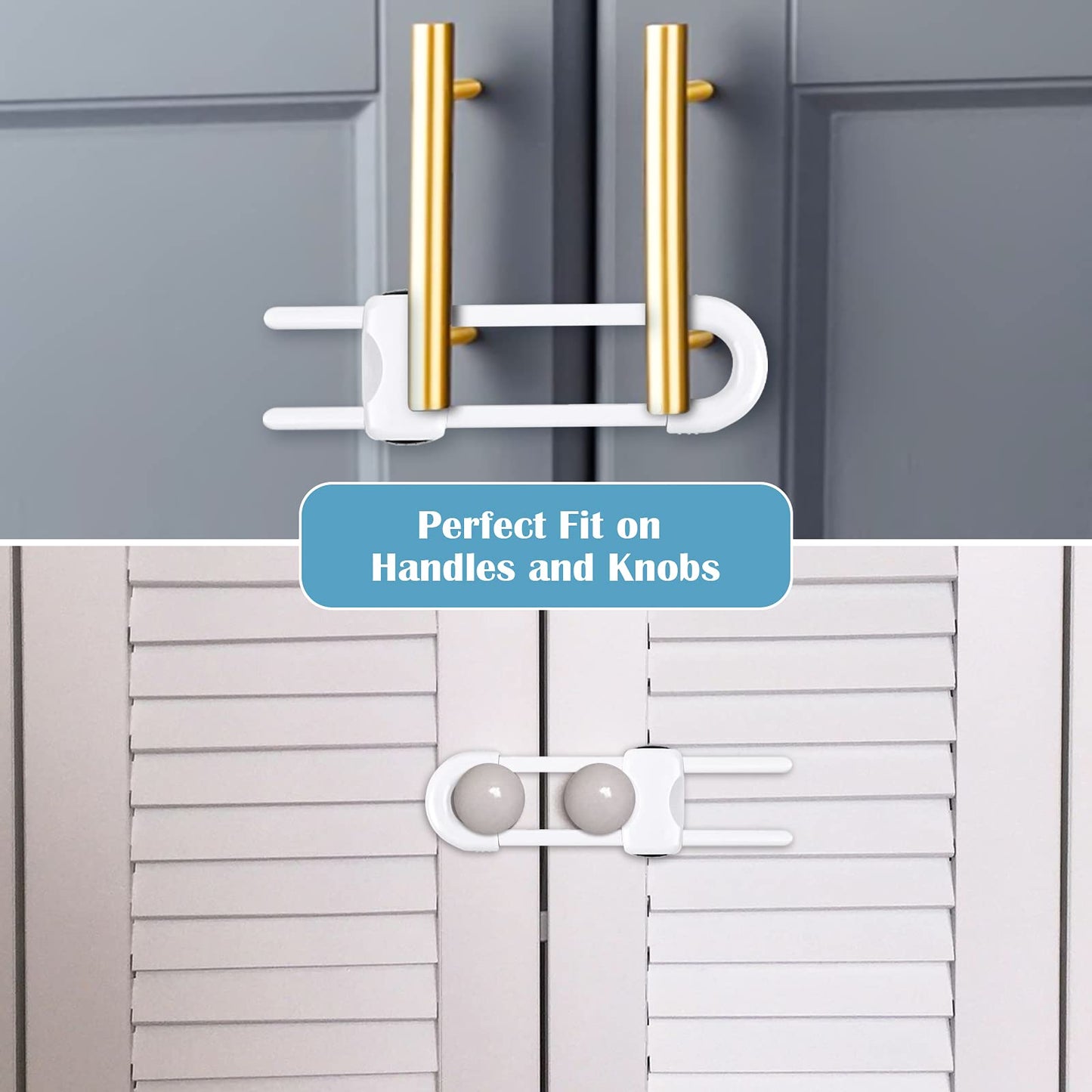 6 Packs Sliding Cabinet Locks, Modacraft Baby Proofing U-Shaped Child Safety Latches Adjustable White Locks for Handles Knobs Drawers Closet Cupboard