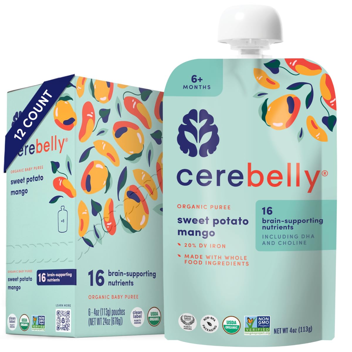 Cerebelly Organic Baby Food Pouches Variety Pack – Organic Veggie Purees for Toddlers | No Added Sugar, Fiber, Non-GMO | Blended Toddler Pouches | 4 Ounce BPA-Free Pouch | 4 Flavors | 8 Count