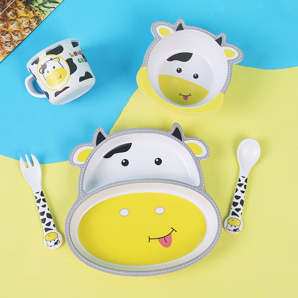 Bamboo Kids Dinnerware Set 5 Pcs Includes Plate Bowl Cup Fork Spoon Perfect for Kids BPA-Free (Little Dinosaur)
