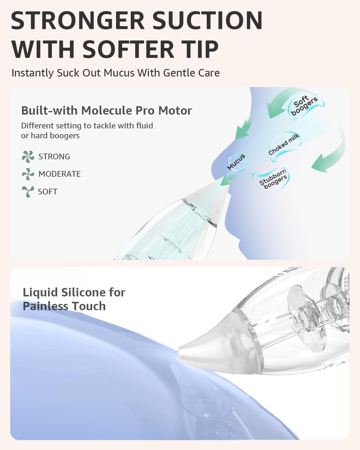 GROWNSY Nasal Aspirator for Baby, Electric Nose Aspirator for Toddler, Baby Nose Sucker, Automatic Nose Cleaner with 3 Silicone Tips, Adjustable Suction Level, Music and Light Soothing Function