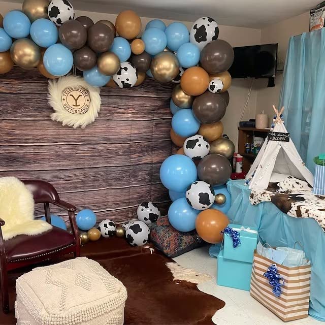 BALONAR 135Pcs Cow Boy Blue Balloons Arch Garland Kit with 18/10/5inch Sand White Coffee Cow Print Farm Animal Gold Balloons for Boy Birthday Party Baby Shower Birthday Supplies (Blue)