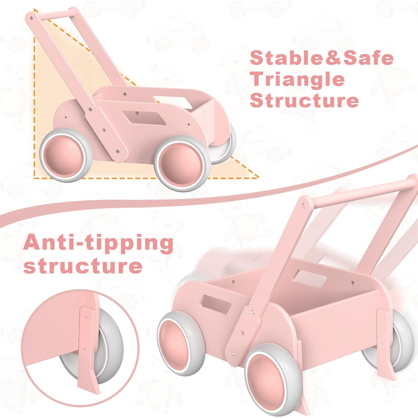 Wooden Baby Walker, Push and Pull Learning Walk Toys for Infants to Toddler, Walker with Wheels for Boys Girls, Gift for Birthday Christmas, Pink