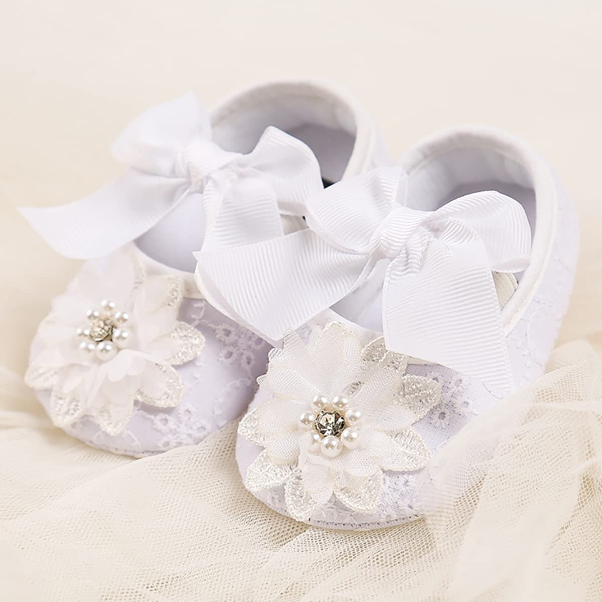 Baby Girls Mary Jane Flats with Bowknot Flowers Soft Newborn Infant First Walkers Crib Shoes Wedding Party Christmas Dress Shoes