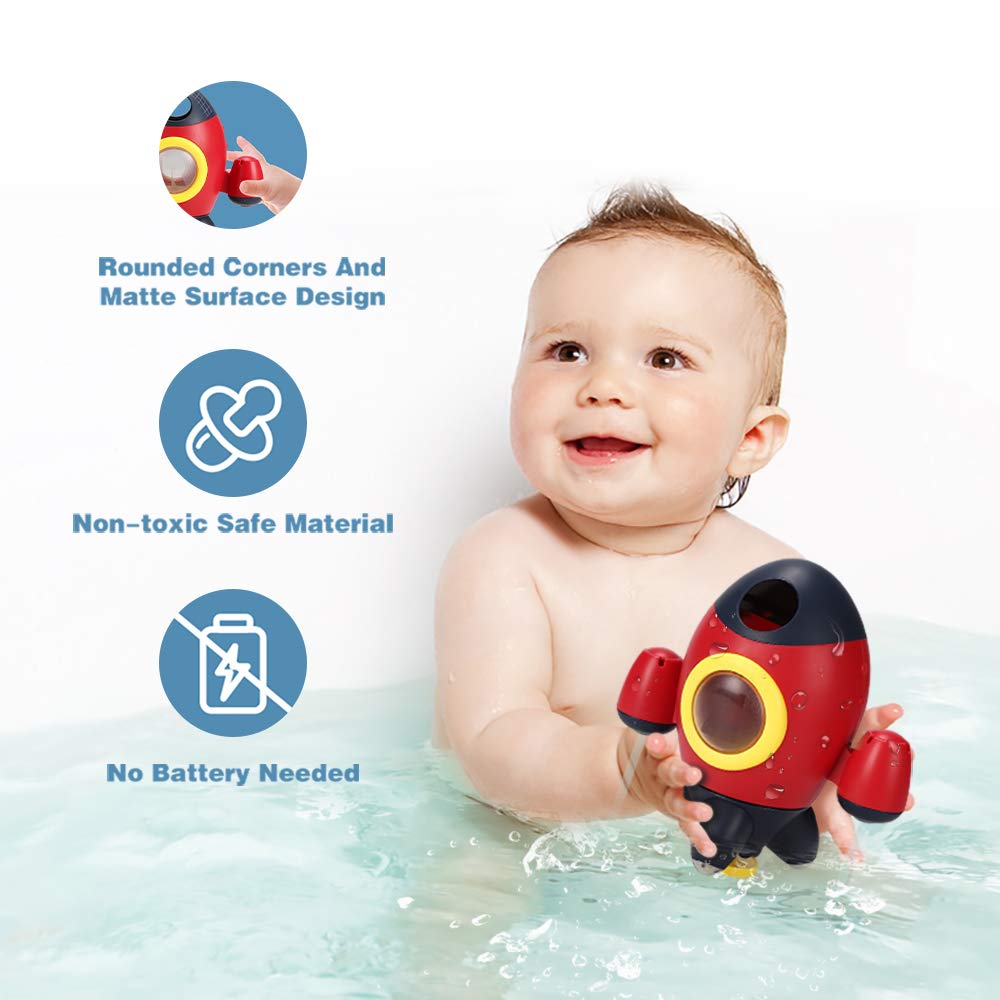 Baby Bath Toys, Space Rocket Shape Bathtub Toys for Toddlers, Spray Water Toys w/ Rotating Fountain, Bathroom Shower Toys for Infants Aged 18 Months 2 3 4 5 Years Old Kids Girls Boys
