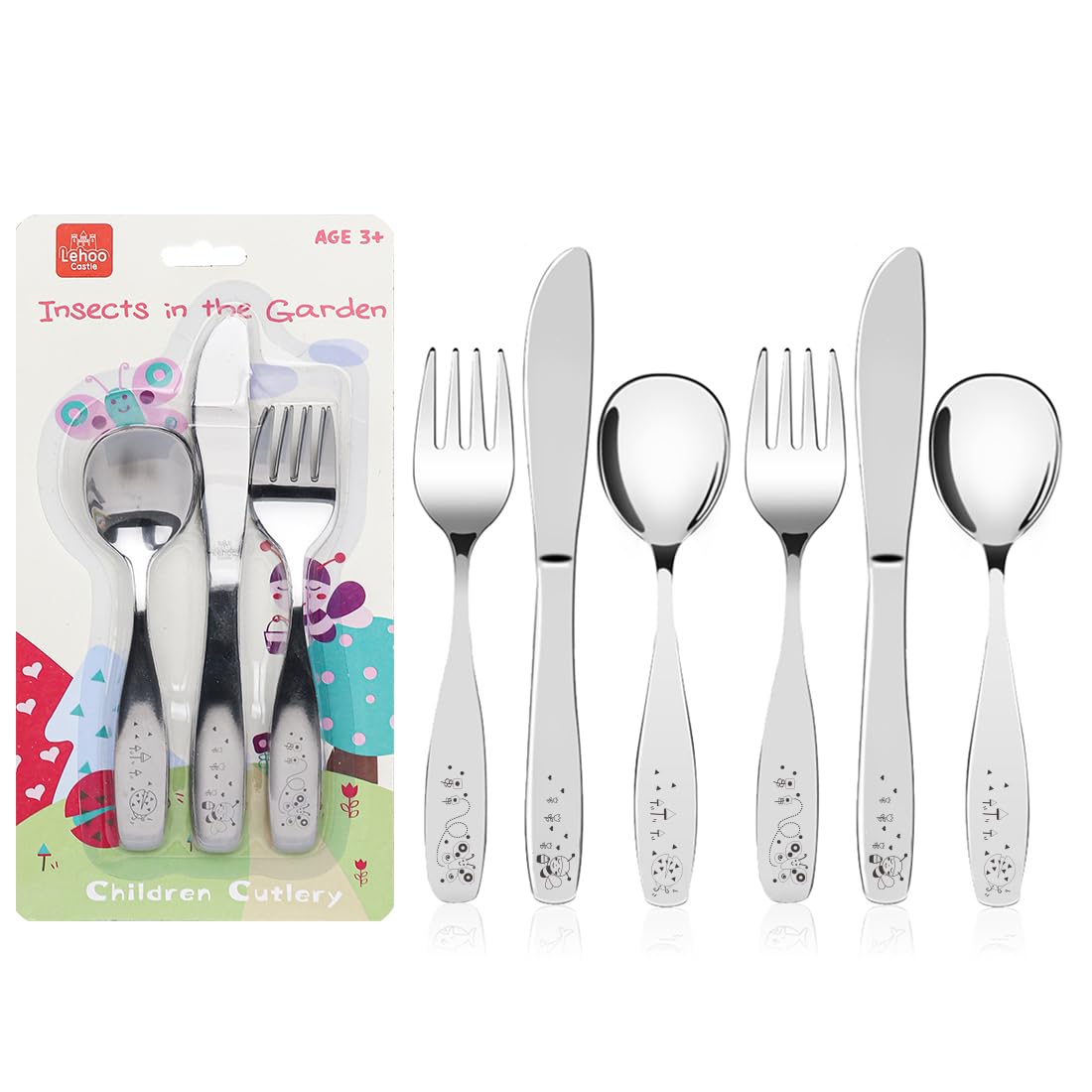 Lehoo Castle Kids Silverware Stainless Steel 6 Piece - Toddler Spoons and Forks Knife Set, Metal Kids Cutlery Set, Toddler Utensils Self Feeding (Dinosaur World)