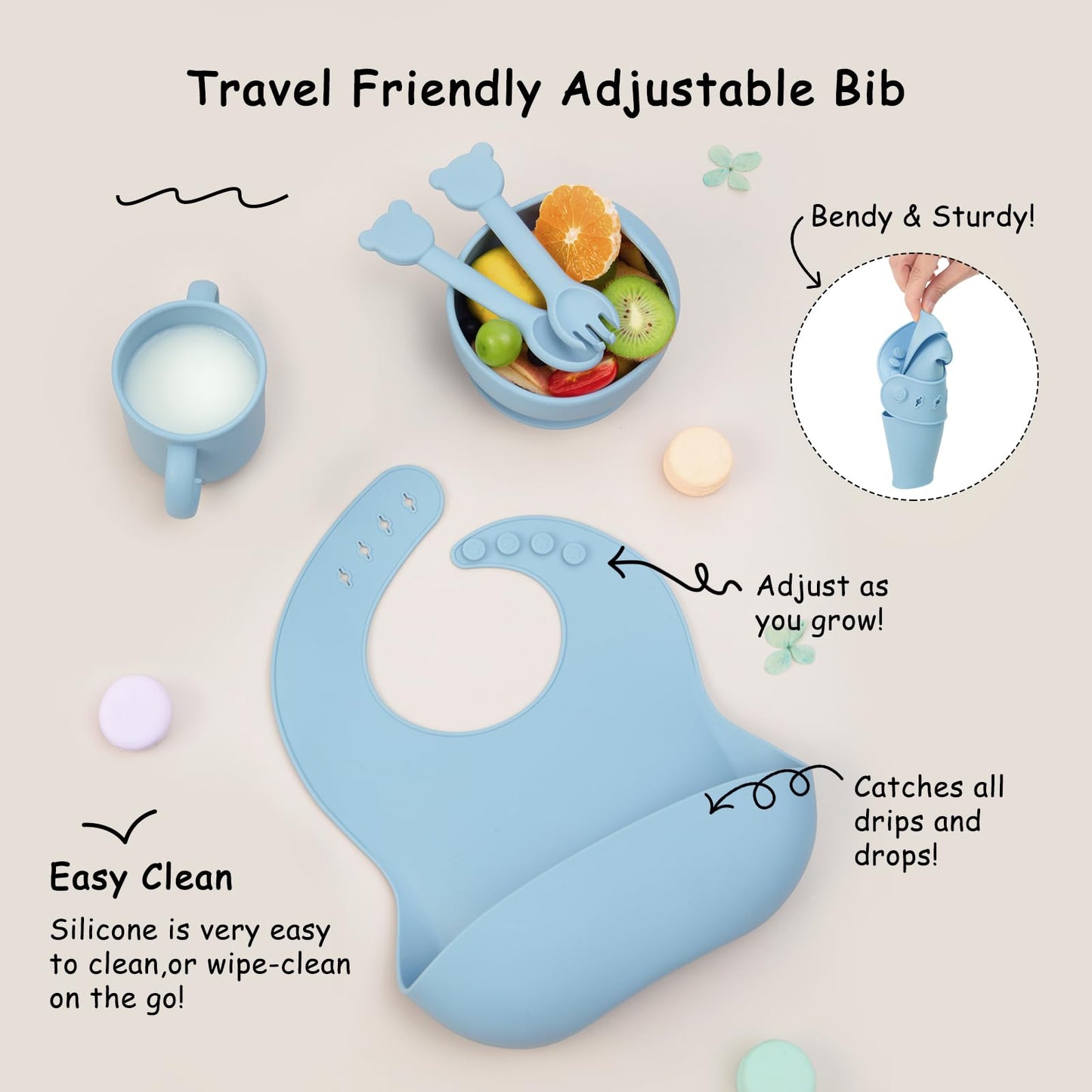 Baby Feeding Set, 13PCS Silicone Baby Self Feeding Set, Toddler Led Weaning Utensils Set with Suction Bowl and Plate, 3 Set of Baby Spoon and Fork, Adjustable Bid, Sippy Cup with Straw and 2 Lids