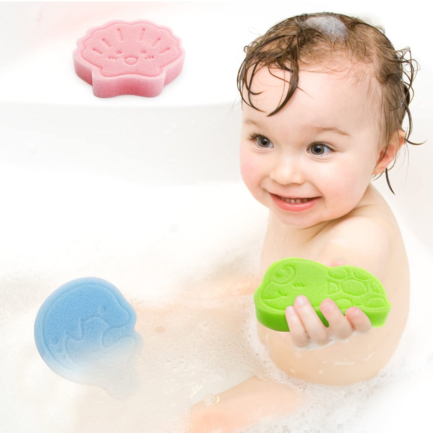 Baby Bath Sponge, Natural Cute Shapes Soft Shower Sponges for Bathing, Bathtub Foam for Infants and Toddler, 3pcs : Blue Dolphin, Pink Shell, Green Turtle