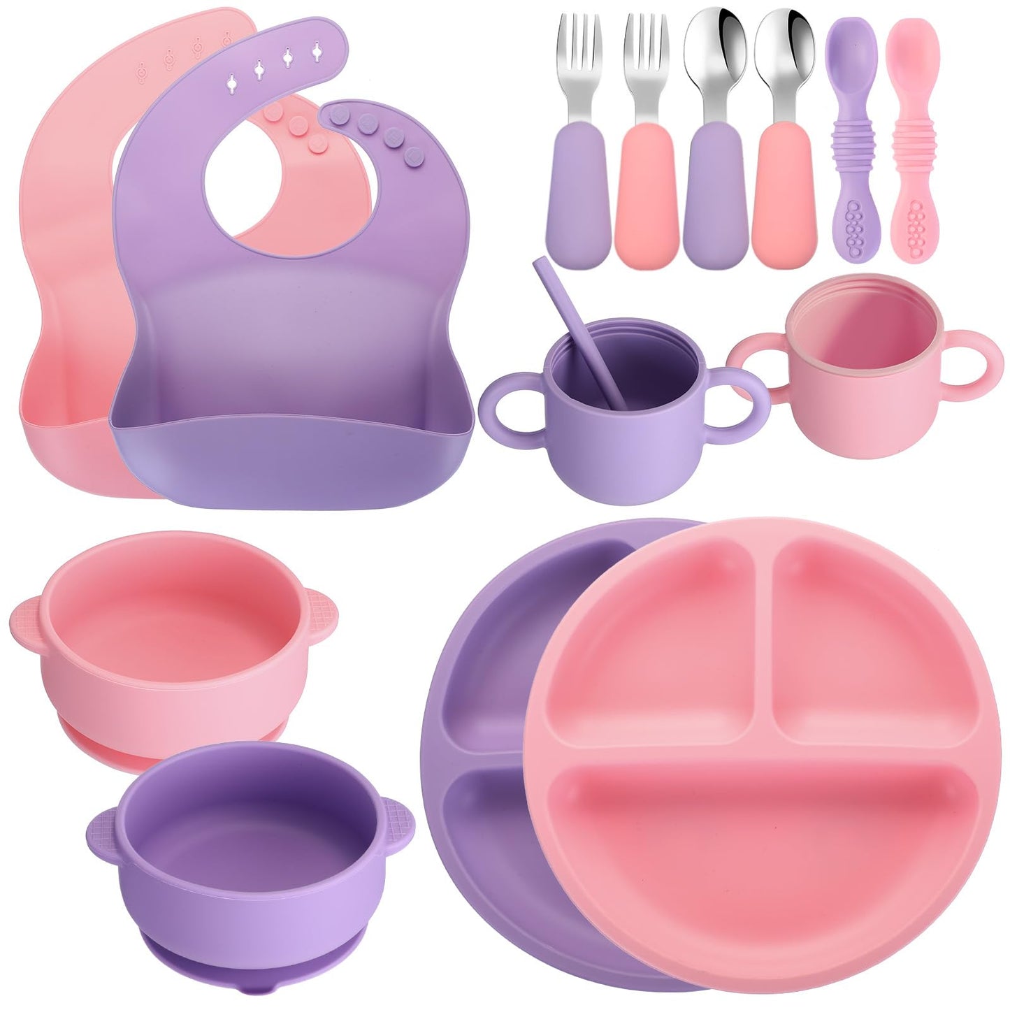 16 Pcs Baby Led Weaning Supplies Silicone Baby Feeding Set Plates with Suction Utensils with Divided Adjustable Bib Bowl Cutlery Snack Cup Spoons Straw 6 Months+(Purple, Pink)