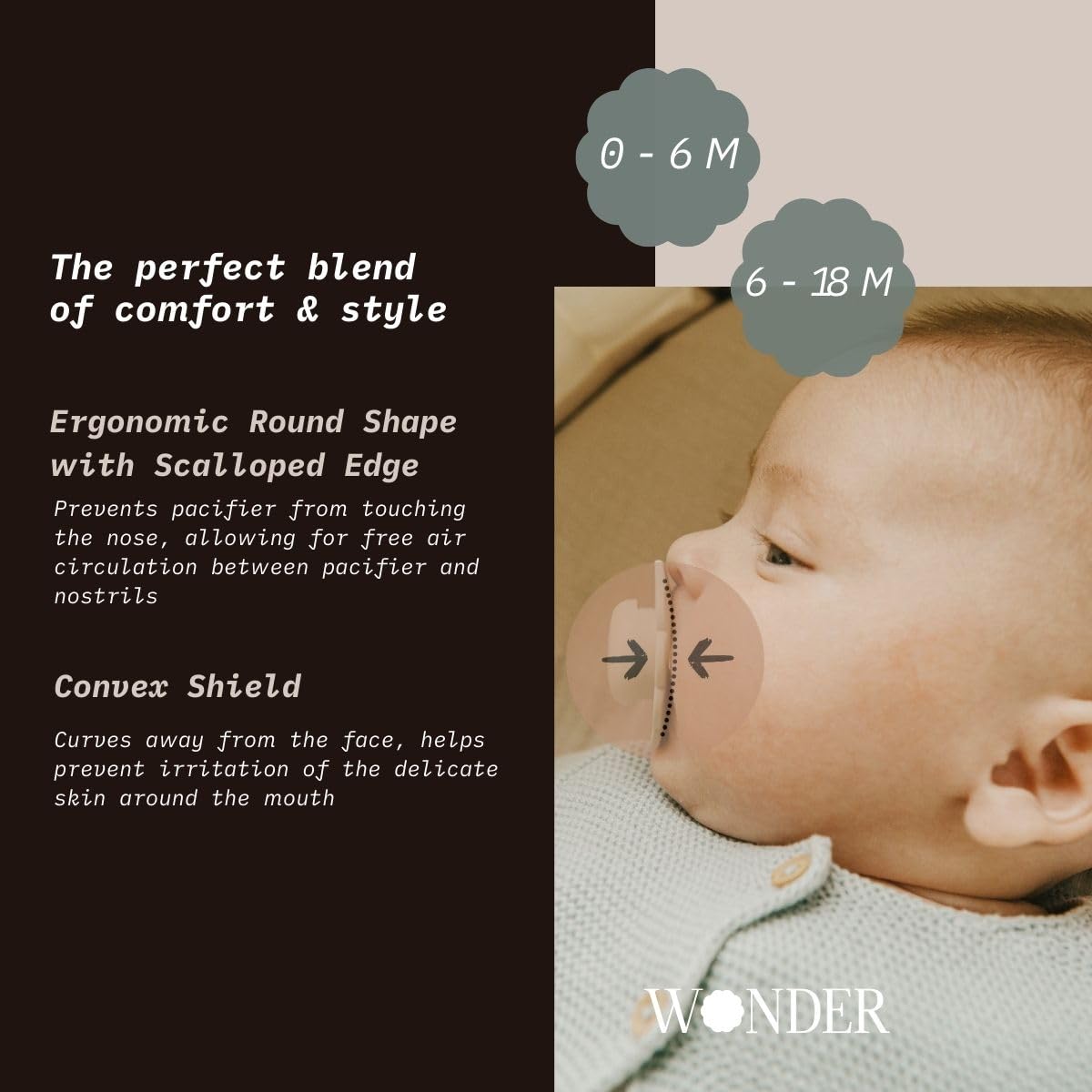Suavinex Wonder Baby Pacifier, SX Pro Silicone Nipple, Reversible, Non Irritating Shield Design, 2 Pk Pacifiers 0-6 Months, Made in Europe, Mauve/Chalk