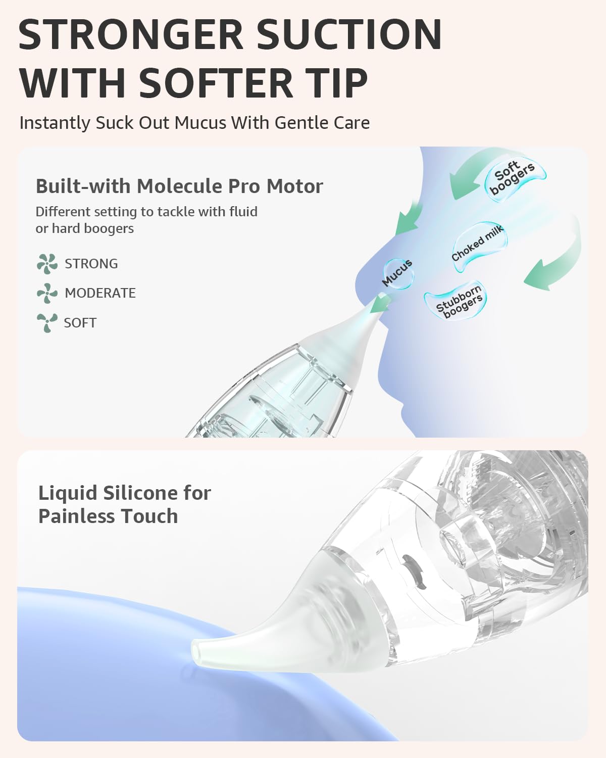 GROWNSY Nasal Aspirator for Baby, Electric Nose Aspirator for Toddler, Baby Nose Sucker, Automatic Nose Cleaner with 3 Silicone Tips, Adjustable Suction Level, Music and Light Soothing Function