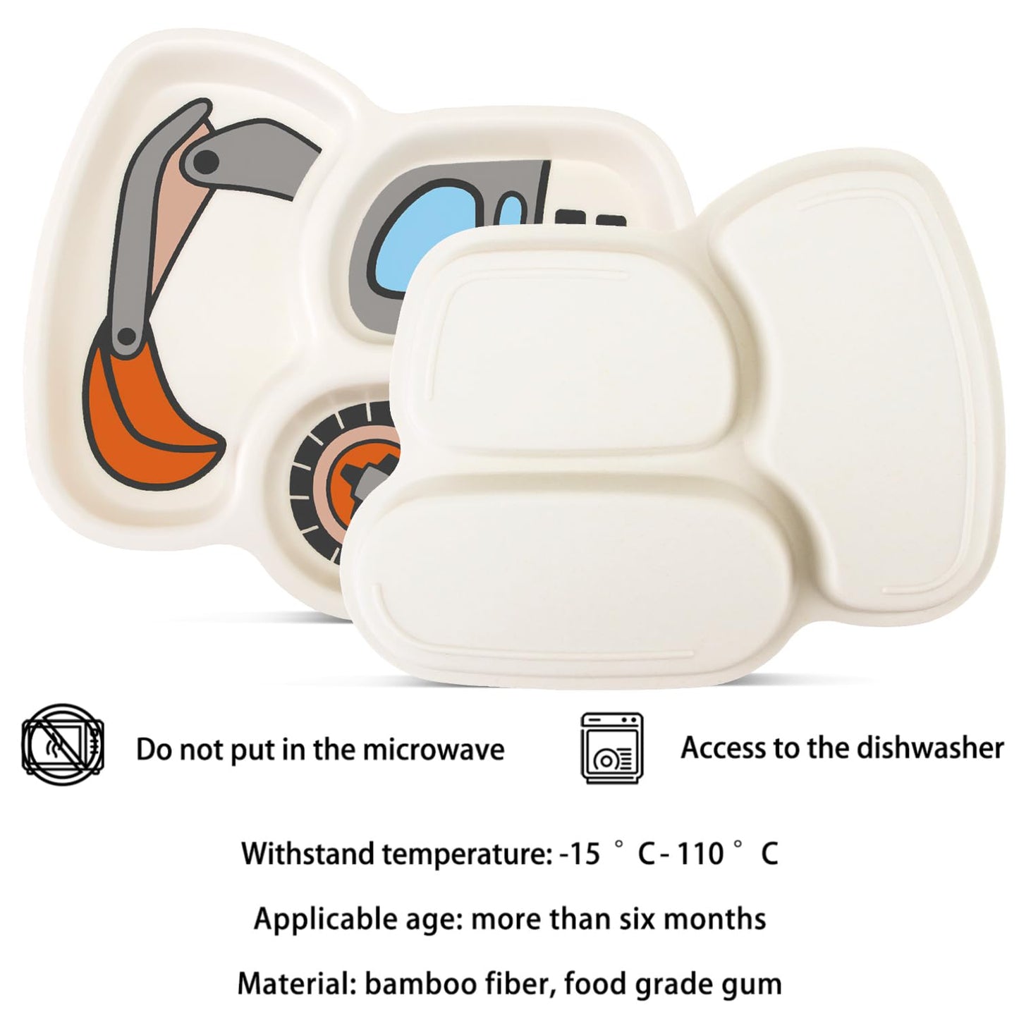 Kids Plate Set, Included Fork and Spoon 3-Piece Set - Toddler Dinnerware Dinner Dish Set - Baby Feeding Divided Plate - Child Portion Control Dish Tray (Excavators)