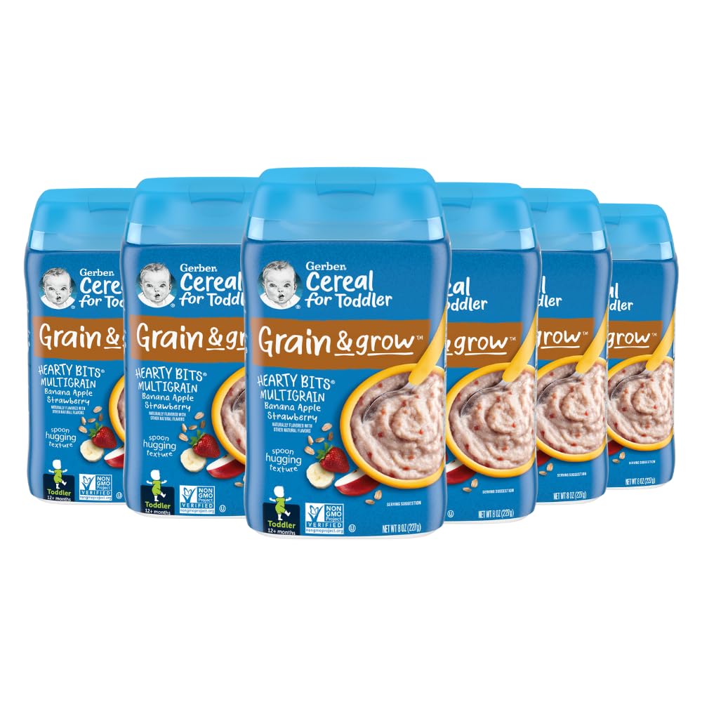 Gerber Toddler Food, Multigrain Banana Apple Strawberry Cereal, 8g Whole Grains, Iron, Zinc & Vitamin B12, Toddler Cereal, 6-Pack
