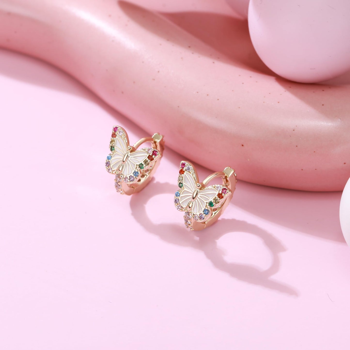 Butterfly Earrings for Women Hypoallergenic CZ 14K Gold Plated Butterflies Huggie Hoop Earring Small Tiny Hoops
