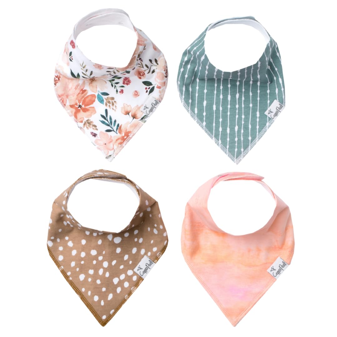 Copper Pearl 4 Pack Soft Cotton Baby Bibs for Drooling and Teething, Absorbent Drool Bibs for Baby Girl and Boy, Adjustable to Fit Newborns to Toddlers, Tons of Styles (Ferra)