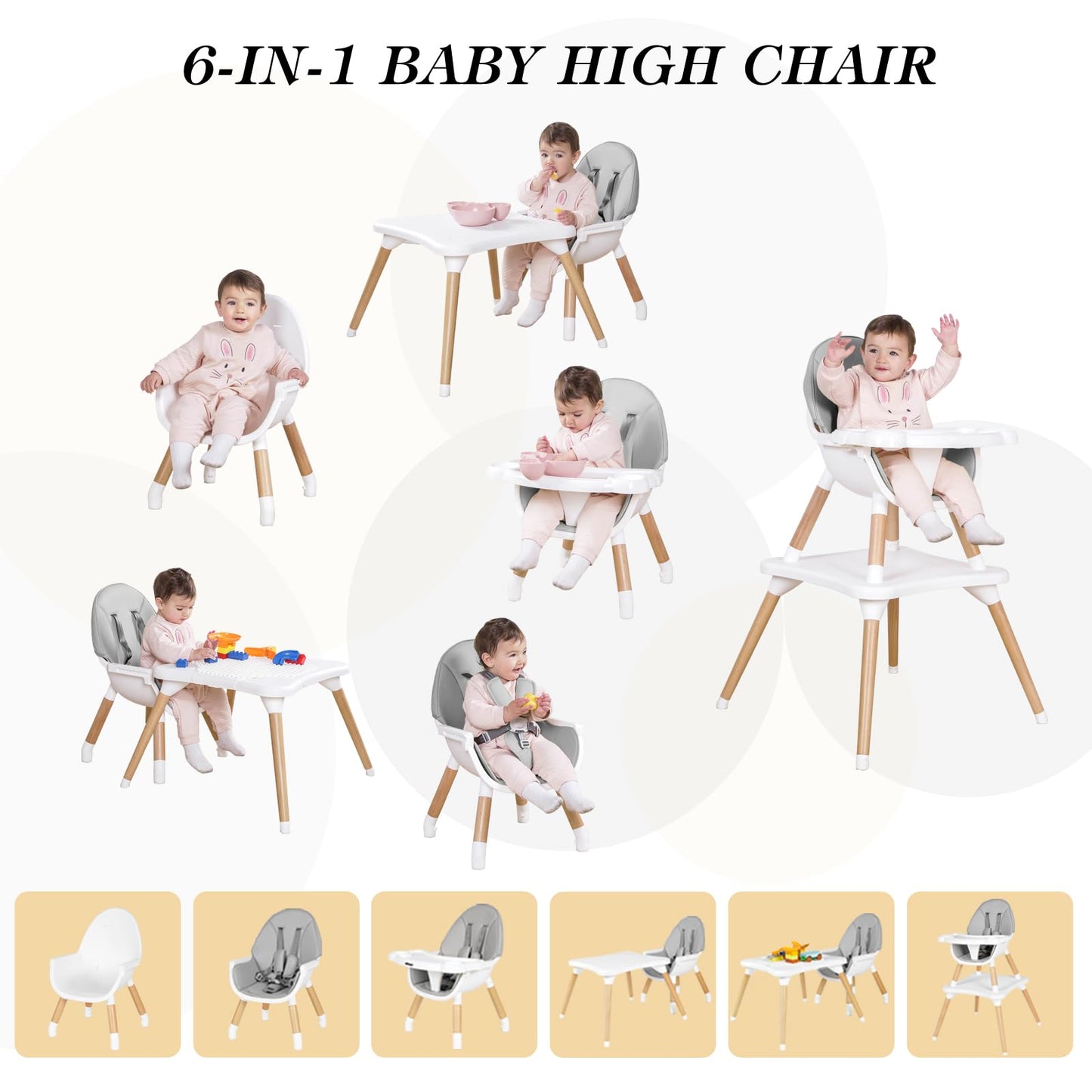 High Chair for Babies & Toddlers, Convertible Wooden 6 in 1 Baby Highchair, Table and Chair Set, Building Block Table, 5-Point Adjustable Seat Belts, 4-Position Removable Tray& PU Seat Cushion (Black)