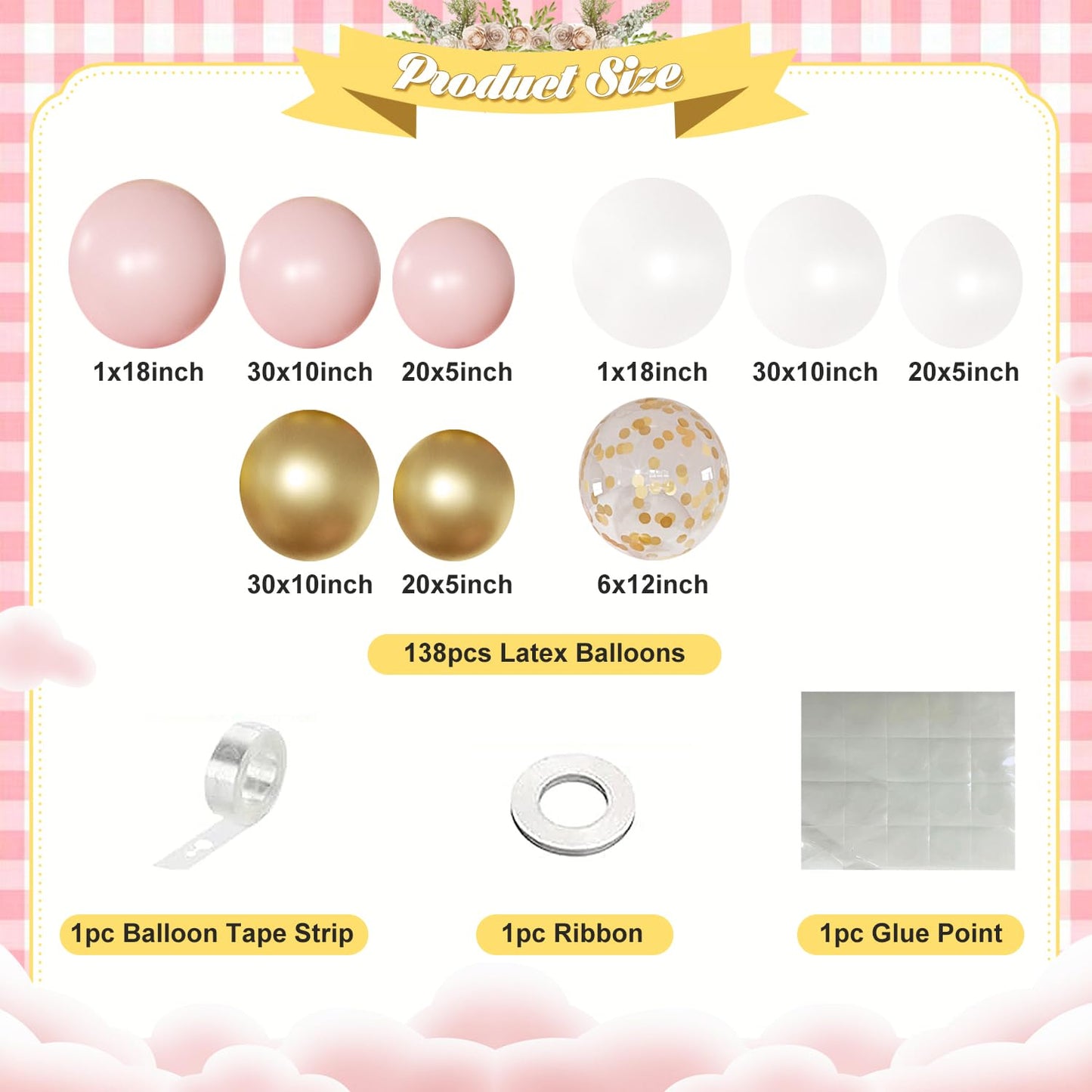 Pink and White Balloon Arch Kit, 138 Pcs Pink and Gold Balloon Garland Arch Kit Include Pastel Pink White Gold Confetti Balloons for Birthday Baby Shower Wedding Bridal Shower Party