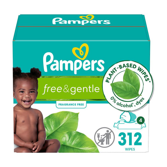 Pampers Baby Wipes, Free & Gentle, Hypoallergenic and Unscented Wipe, 100% Plant Based, Plastic-Free for Babies, 936 Total (12 Flip-Top Packs)