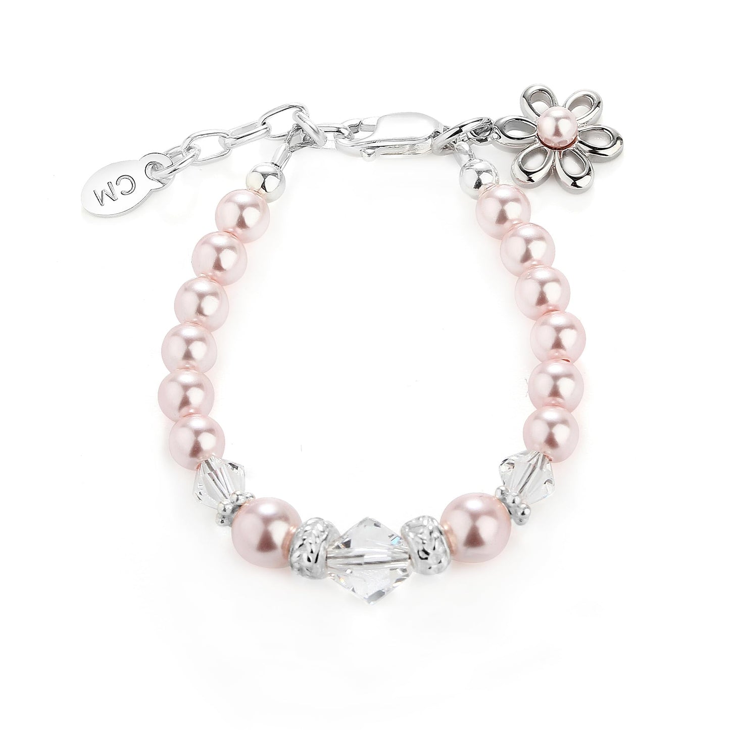 Cherished Moments Baby or Children's Sterling Silver Flower Girl Bracelet with High-End Simulated Pearls with Daisy Charm for Infants, Toddlers, Kids, or Little Girls