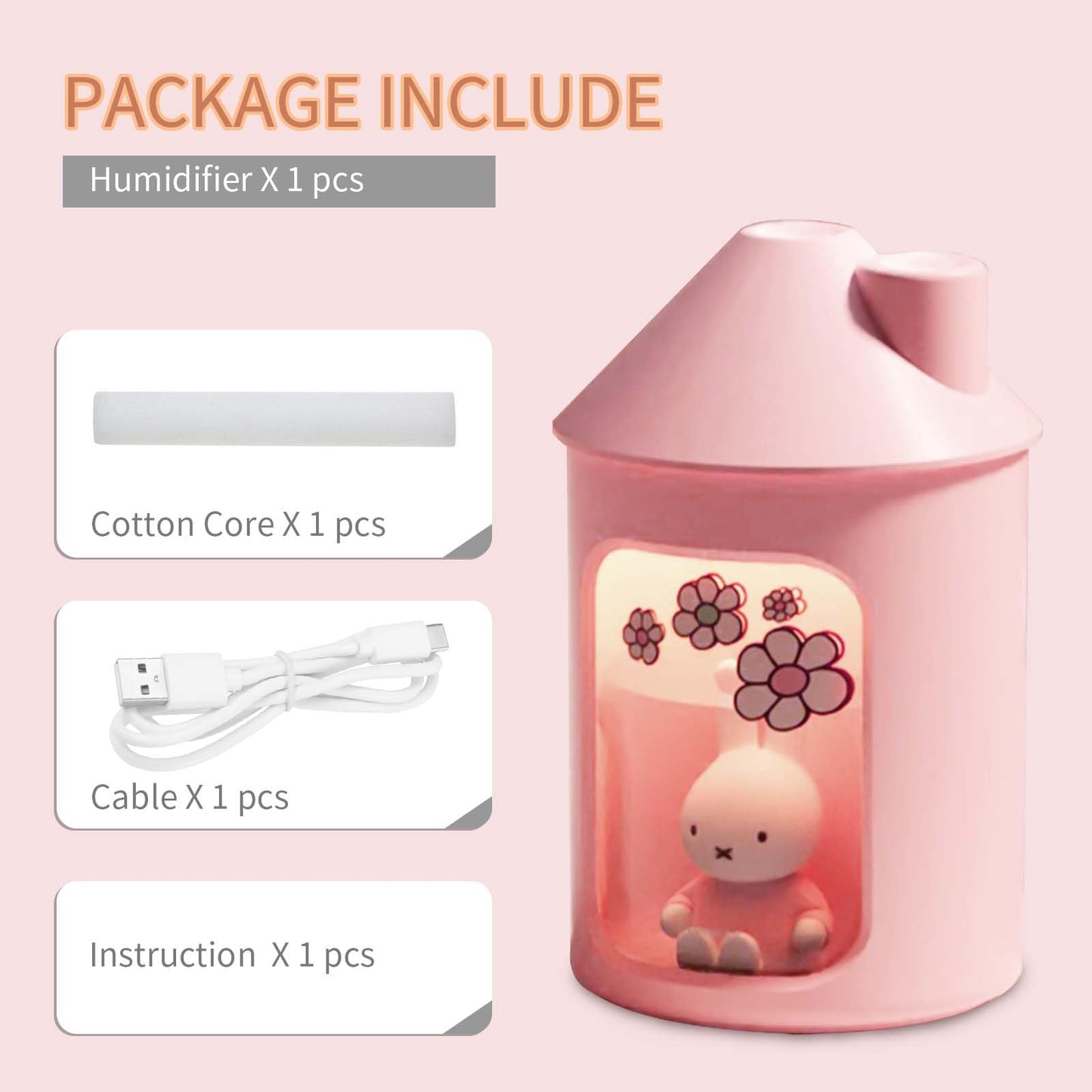Mipow x miffy BTA700M Cool Mist Humidifier for Bedroom,Ultrasonic Quiet Humidifier with Night Light,450 ML Double Spray Humidifiers for Nursery,Office Indoor Plants (Pink)