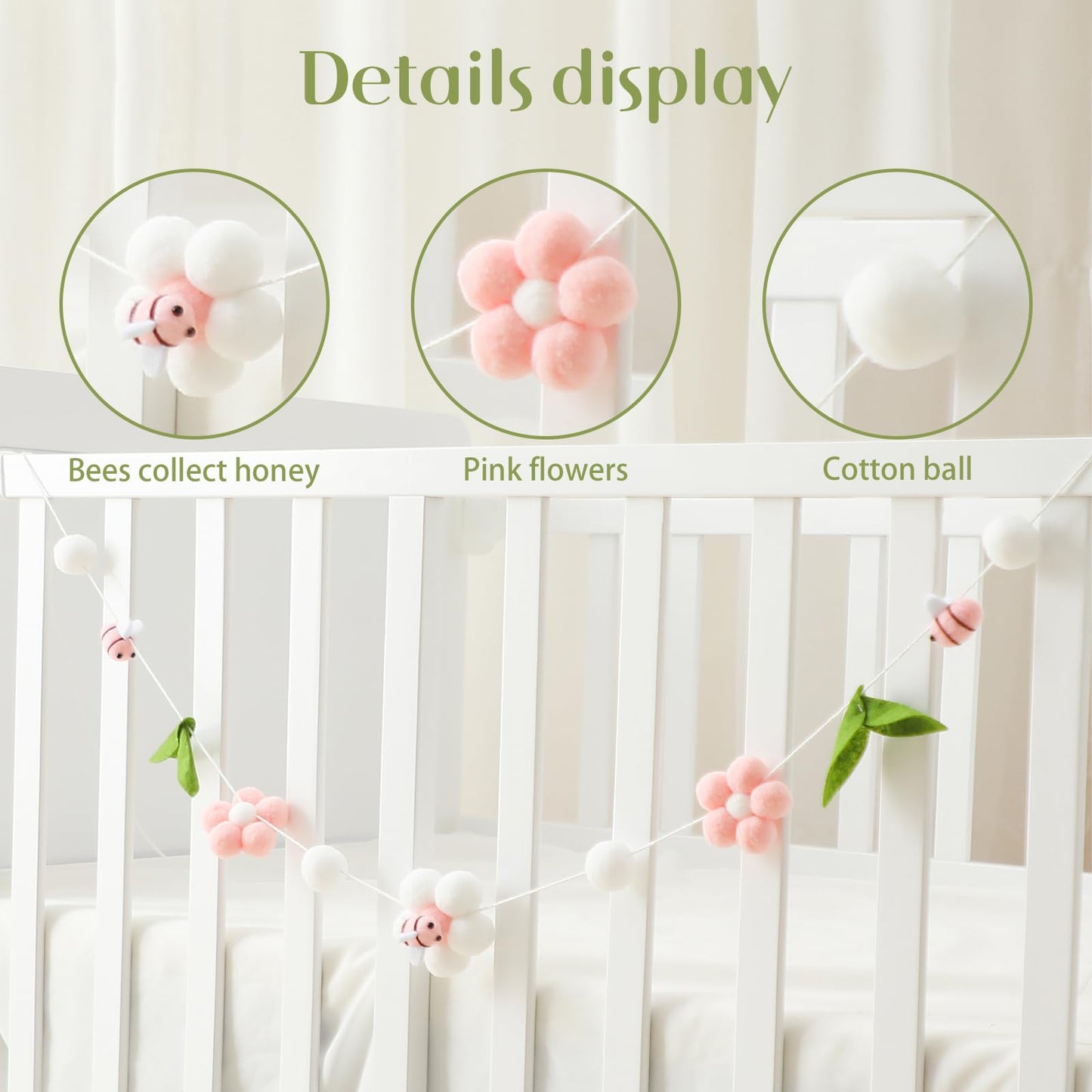 OESSUF Baby Mobile for Crib, Crib Nursery Mobile for Boys Girls, Boho Bee Flower Nursery Decor Soothe Toy Baby Shower Set for Infant Bedroom Hanging Decoration Toy, Pink