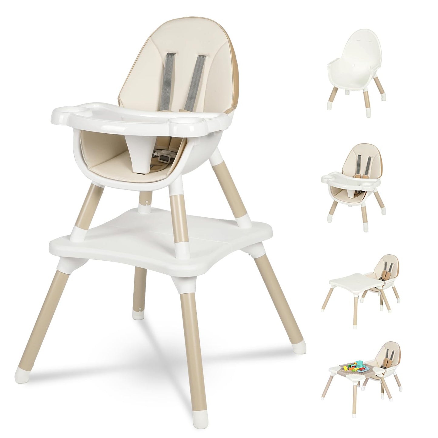 Gofirst 6 in 1 Baby High Chair,Convertible High Chairs for Babies and Toddlers/Booster Seat/Table and Chair Set,Baby Feeding Chair/5-Point Harness,4-Position Removable Tray&PU Cushion Baby Highchair