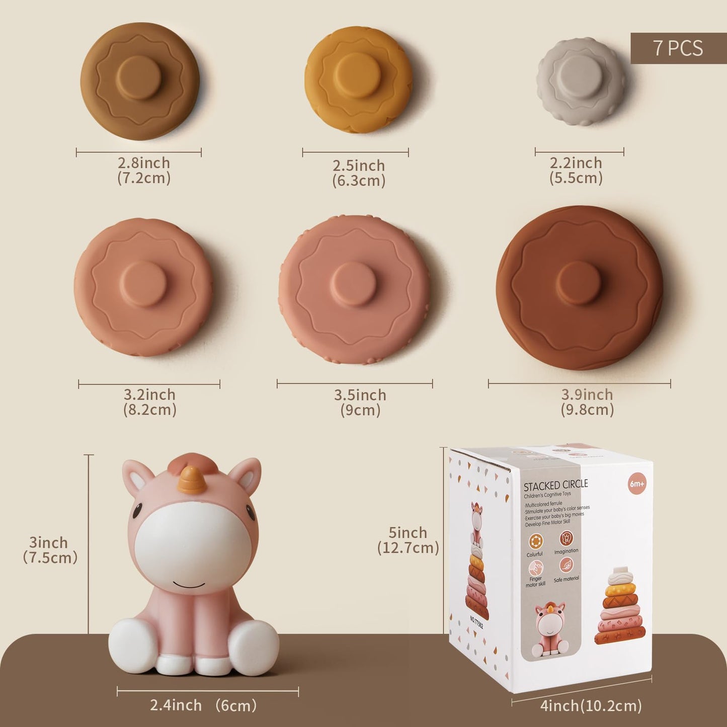 Nueplay 13 Pcs Building Circle & Blocks, Stacking & Nesting Baby Toys with Horse Figure, Newborn Essentials Squeeze Teething Toy Gifts for 6 12 18 Months Baby Toddler Girls