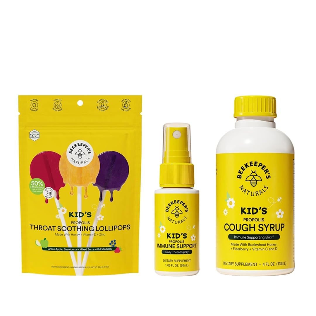 Kids Throat Soothing Lollipops by Beekeeper's Naturals - Doctor Formulated Immune Support, Vitamin D & Honey, Under 2g Sugar, Clean Ingredients,15 ct