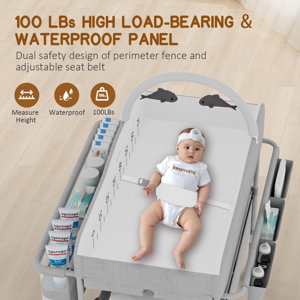 Diaper Changing Station, Portable Changing Table for Baby, Diaper Changing Table with Storage Drawers, Waterproof Baby Changing Station with Wheels and Adjustable Height for Newborn Infant (Pink)