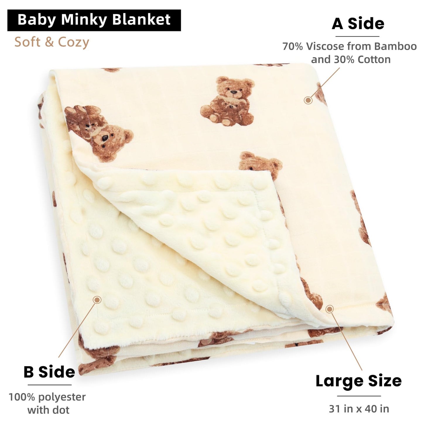 LifeTree Minky Baby Girl & Boy Blankets, Soft Double Layer Swaddle Blankets, Muslin Front and Dotted Fleece Backing Receiving Bed Throw Blanket for Newborn Unisex, 31X40 Inches, Bear Pattern