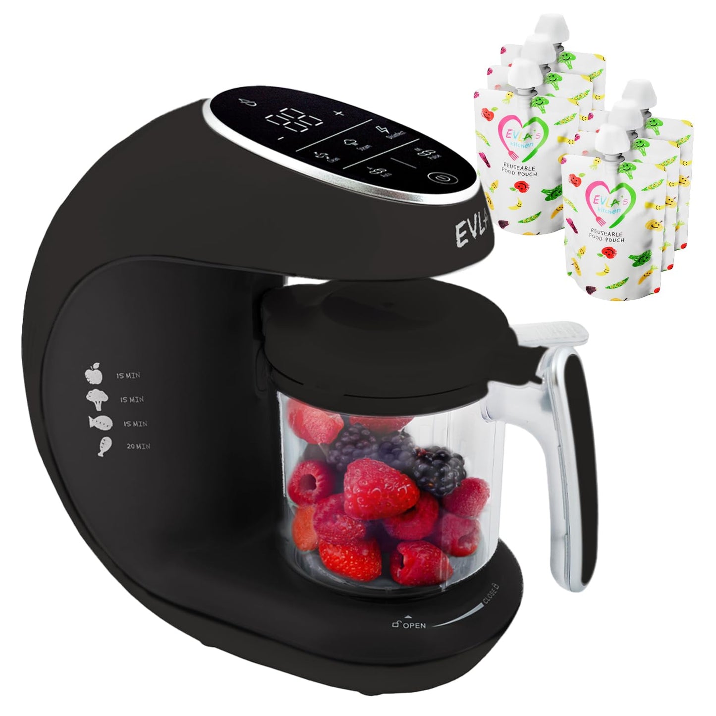 EVLA'S Baby Food Maker, Steamer, Blender, Baby Food Processor for Healthy Homemade Baby Food in Minutes, Touch Screen with 6 Reusable Food Pouches, Baby Registry Essential, White