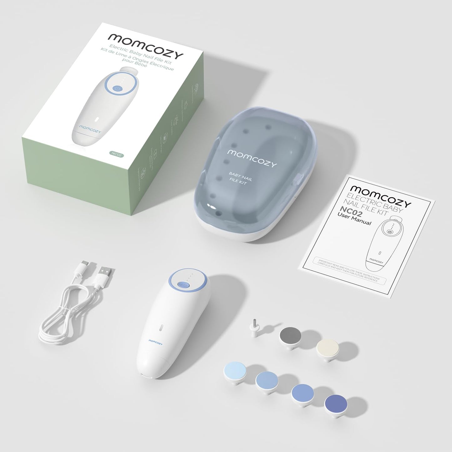 Momcozy Baby Nail File Electric, Gentle Baby Nail Trimmer Electric Rechargeable, Baby Nail Clipper Electric, 7 Grinding Head Replacement Pads