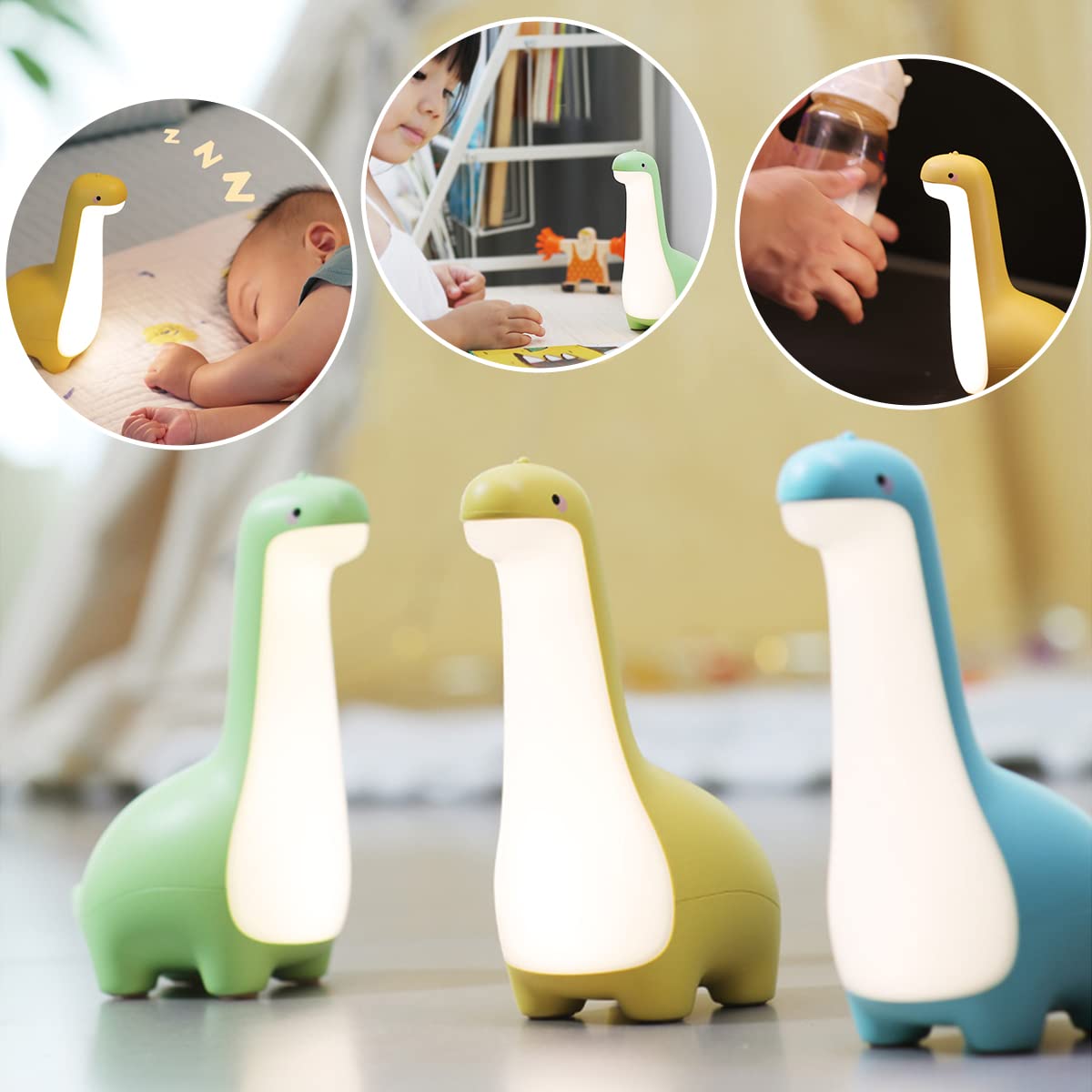 Cute Dinosaur Night Light, Brightness Adjustable Baby Bedside Night Lamp USB Recharging, Nursery Room Decor Kids Toddlers Night Light, Dinosaur Gifts for Birthday, Christmas, Green
