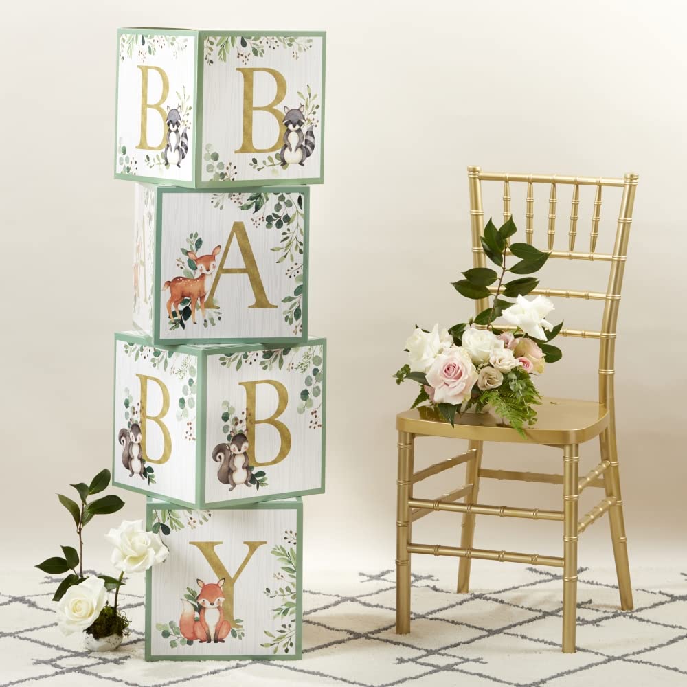 Kate Aspen Woodland Baby Shower Boxes with Letters for Baby Shower Gender Reveal Decorations Photo Prop & Forest Animal Nursery Decor (Set of 4 Blocks Spells Baby)