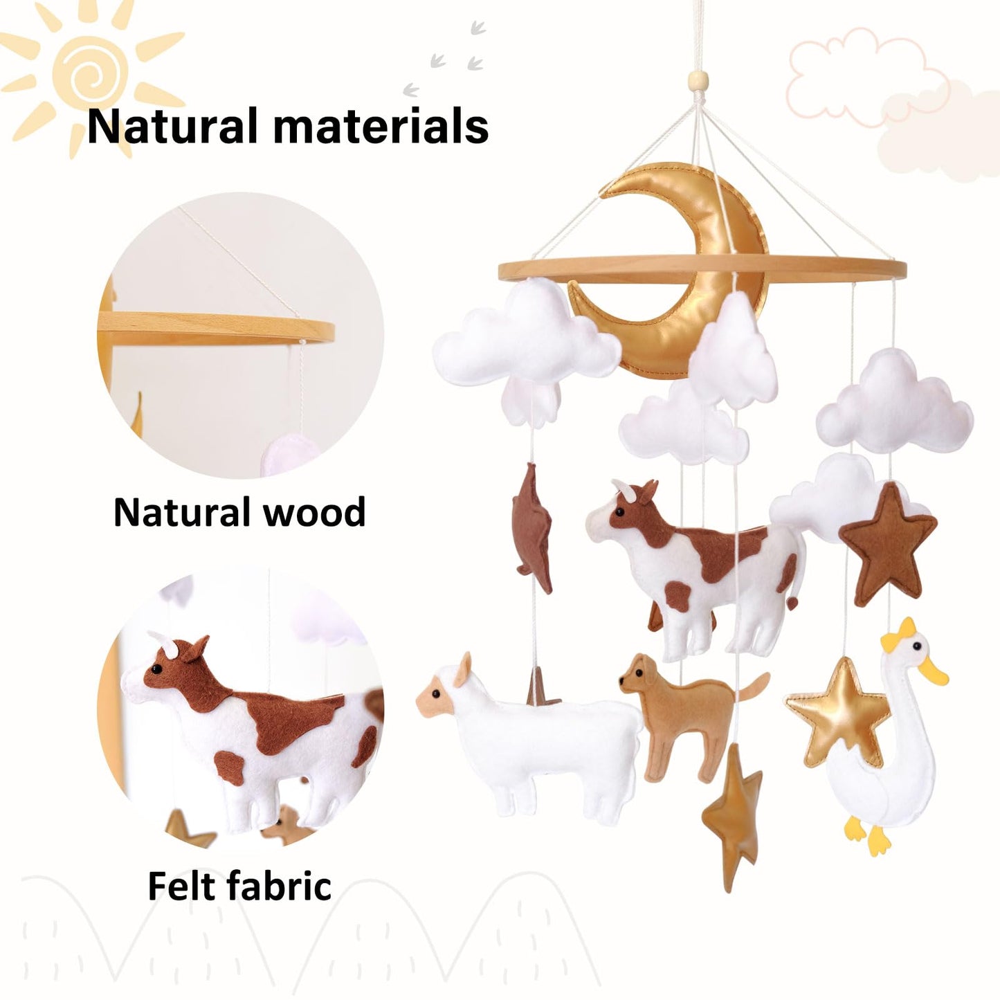 Farm Animals Baby Mobile, Mobile for Crib, Crib Mobile for Boys and Girls, Nursery Mobile for Bassinet, Pack and Play, Cows, Sheep, Golden Retriever, Goose, Moon