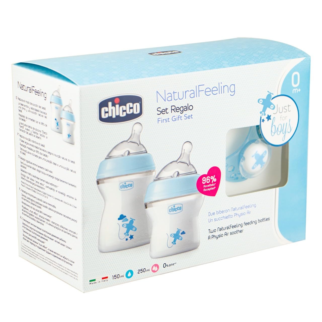 Chicco NaturalFeeling Gift Set with 2 Newborn Baby Bottles + Pacifier, 0 m + Blue