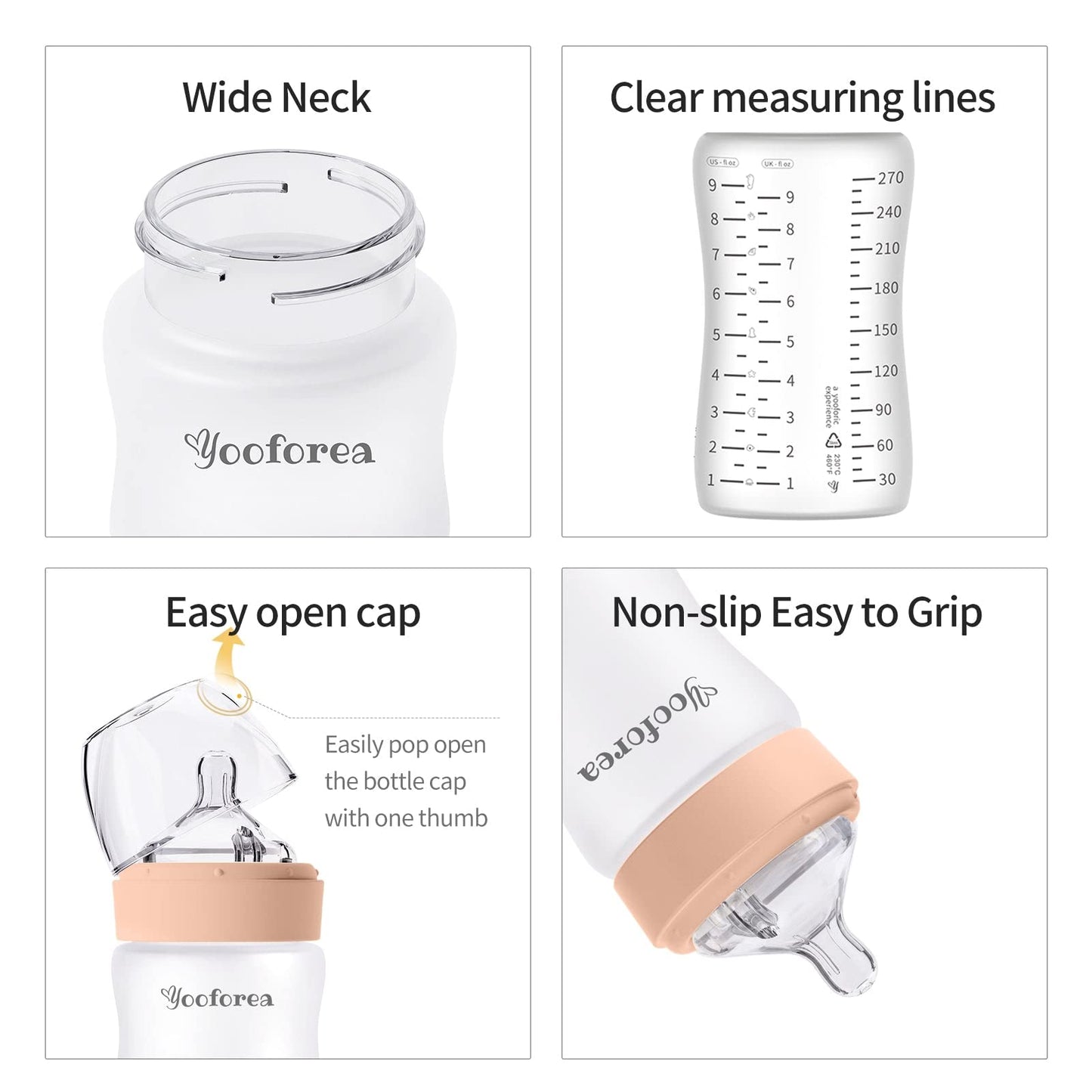 Yooforea Silicone Coated Glass Baby Bottle, 0M+ Slow Flow Nipple I Anti-Colic, Wide Neck, Stable Base I Medical-Grade Silicone Coating for Shatter Protection, BPA BPS PVC Free (3 Ounce-Honey)