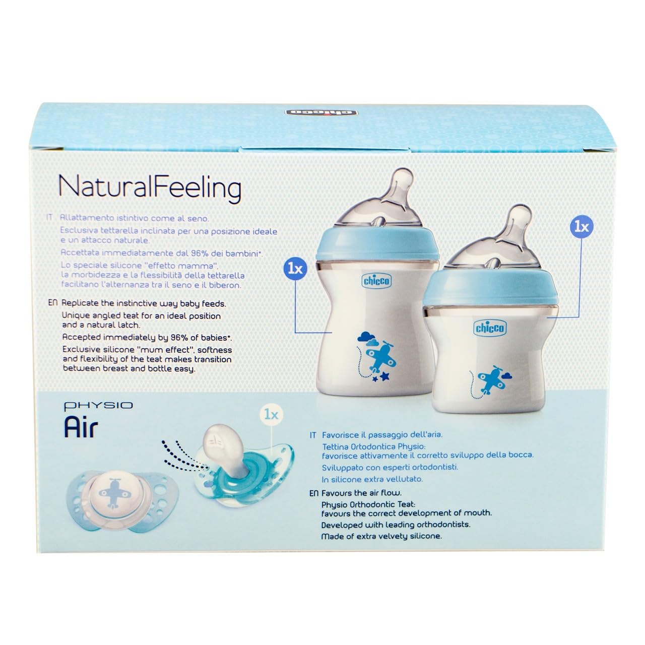 Chicco NaturalFeeling Gift Set with 2 Newborn Baby Bottles + Pacifier, 0 m + Blue