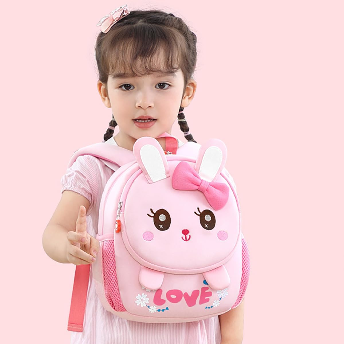 Toddler Backpack Cute Bunny Backpack with Leash and Chest Buckle Mini Kids 3D Cartoon Travel Bag for Girls 3-6