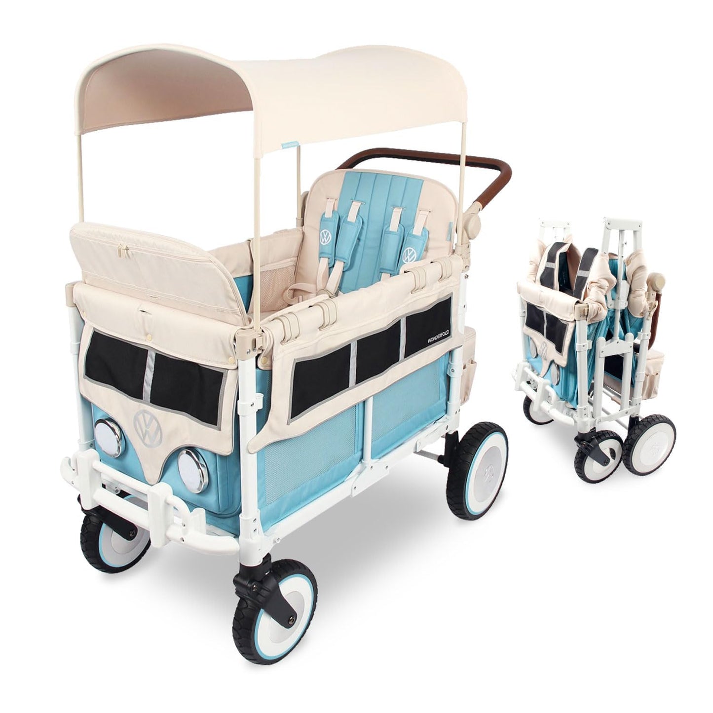 WONDERFOLD W4 Luxe Quad Stroller Wagon Featuring 4 High Face-to-Face Seats with Magnetic Buckle 5-Point Harnesses and Adjustable/Removable UV-Protection Canopy, Hunter Green