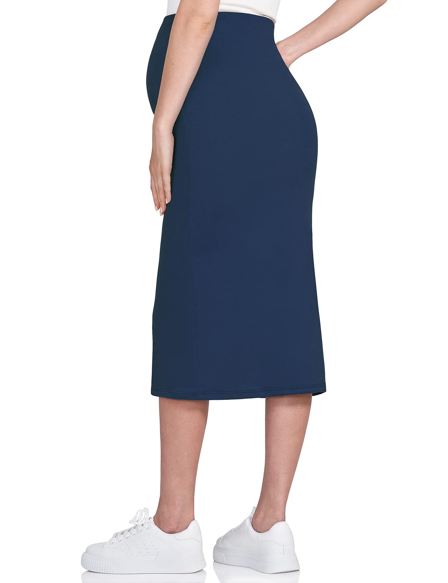 POSHDIVAH Women's Maternity Skirt Over The Belly Midi High Waisted Solid Stretchy Pregnancy Pencil Skirt